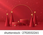 Red 3D cylindrical podium merry Christmas background with Christmas tree, Glow glitter scene. Minimalist platforms mockup pedestal design. Abstract stands product display presentation. Stage showcase.