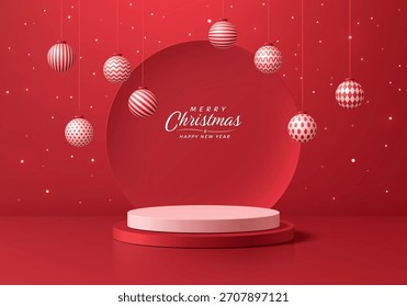 Fondo de Navidades alegres de podio cilíndrico rojo 3D con bolas de Navidad decoran la escena. Diseño de pedestal de maqueta de plataformas minimalistas. Presentación Abstractas del producto de la exhibición de los soportes. Escenario para el escaparate.