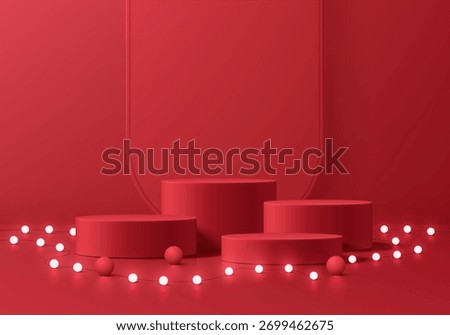 Red 3D cylindrical podium merry Christmas background with glow neon ball scene. Minimalist geometric Platforms mockup pedestal design. Abstract stands product display presentation. Stage for showcase.