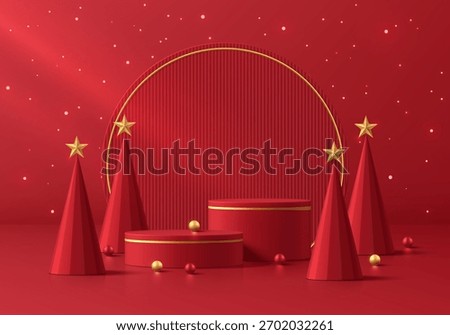 Red 3D cylindrical podium merry Christmas background with Christmas tree, Glow glitter scene. Minimalist platforms mockup pedestal design. Abstract stands product display presentation. Stage showcase.