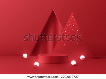 Red 3D cylindrical podium merry Christmas new year background with triangle window, Neon ball. Minimalist Platforms mockup pedestal design. Abstract stands product display presentation. Stage showcase