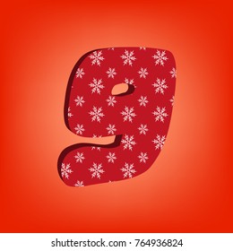 Red 3d digit 9 with snowflakes.Gradient background