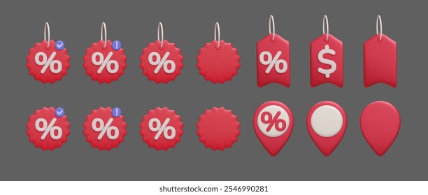 Red 3D discount price tags icon set isolated on dark. Special offer label, promotion coupon card, dollar sign price tag with notifications. Black Friday shopping banners marketing set 3d vector render