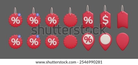 Red 3D discount price tags icon set isolated on dark. Special offer label, promotion coupon card, dollar sign price tag with notifications. Black Friday shopping banners marketing set 3d vector render