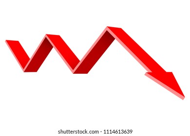 Red 3d down arrow. Financial graph. Vector illustration isolated on white background