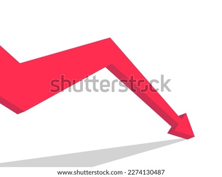Red 3d down arrow on white background, market crash. Collapse of the stock market, crisis. Bank failure, fall of cryptocurrency. Design for banner, poster and promotional items. Vector illustration