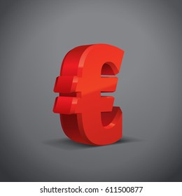 Red 3d Euro Sign, Vector Illustration. Isolated on Grey Background