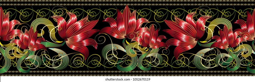 Red 3d flowers seamless border pattern. Vector floral black background wallpaper with red surface hand drawn striped flowers, green leaves, swirl lines. Vintage ornament with shadows and highlights