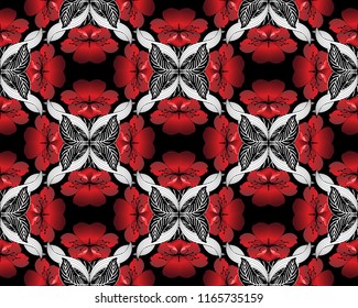 Red 3d flowers vector seamless pattern. Modern ornamental abstract background. Vintage hand drawn beautiful flowers, leaves, braided intricate black and white ornaments. Ornate decorative design.