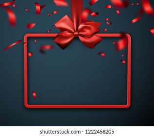 Red 3d frame or greeting card with satin bow and confetti. Template for birthday, Christmas and New Year design. Vector background. 

