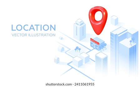 Red 3D geolocation sign in the city. Indicates the desired store, brand or location. Red geopin. Geolocation map mark. Vector illustration