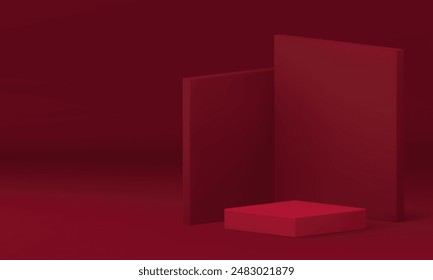 Red 3d geometric display podium pedestal for presentation realistic vector illustration. Fashion minimalist showcase squared stage with angular wall background promo advertising showroom interior