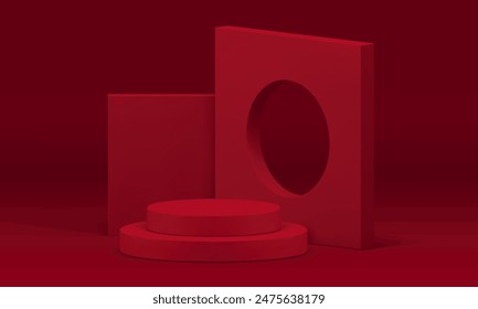 Red 3d geometric podium pedestal for mock up product show presentation realistic vector illustration. Fashion minimalist aesthetic showroom space cylinder stand with hole squared wall background