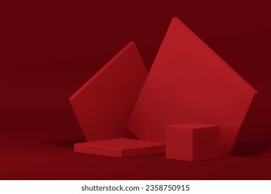 Red 3d geometric podium squared pedestal with angular shape wall background realistic vector illustration. Fashion showcase composition for product show presentation empty display promo studio space