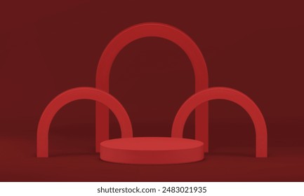 Rote 3D-geometrische Formen stehen Podiummock-up für die Werbung realistische Vektorillustration. Mode trendy Rendering Banner minimalistisches Zylindersockel mit Bogenwand Hintergrund für Produktshow