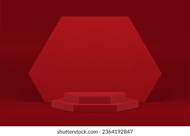 Red 3d geometric step podium fashion pedestal for product commercial presentation realistic vector illustration. Trendy minimalist aesthetic empty showroom for shopping sale discount advertising