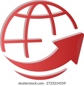 Ein roter 3D-Globus mit einem Richtungspfeil, der globale Export-, internationale Handels-, weltweite Versand- und Logistikkonzepte darstellt.
