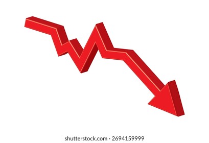 Roter 3D-glänzender Pfeil nach unten, Stock-Symbol auf weißem Hintergrund. Bankrott, Finanzmarkt Crash-Symbol für Ihre Website-Design, Logo, App, UI. Diagramm-Diagramm Downtrend-Symbol.Diagramm geht nach unten Zeichen.