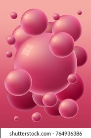 Red 3d glossy spheres with reflections. Vector vertical bubble gum background 