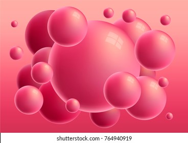 Red 3d glossy spheres with reflections. Vector gorizontal bubble gum background