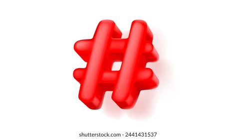 Red 3d hashtag symbol. Realistic vector illustration of hash tag icon for social media concept. Single balloon inflatable volumetric typography symbol with shadow for comment and tweet message.