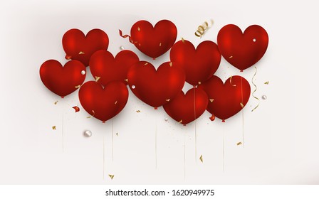 Red 3d heart balloons on beige.Valentines Day horizontal background  for Women's Day or Mother's Day.Panorama view. Vector.