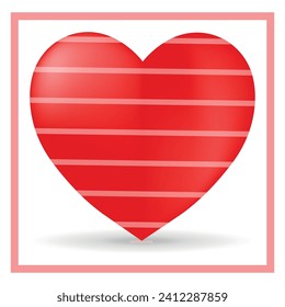 Red 3D heart with horizontal pink stripe, in pink frame. Vector on a white background.