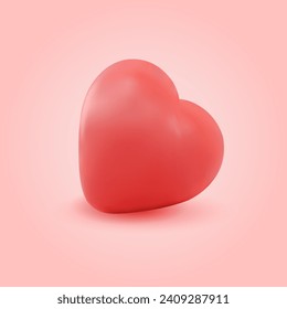 Red 3d heart icon on light pink background. Vector illustration for Valentines Day in 3d style.