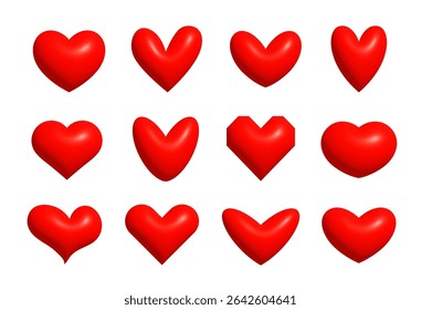 Red 3D Heart Icon Set for Valentines Day, love messages, wedding cards, greeting designs, romantic stickers, digital chat, romantic lettering and sweet communication. Vector Illustration.