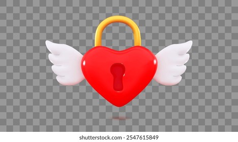 Red 3d heart lock with wings Happy Valentine's Day 3d design element isolated on transparent background Vector illustration 