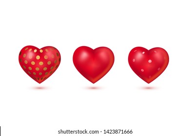 Red 3d heart and heart with polka dot set isolated on white background. Vector illustration for banner, lettering, invitation, poster, web. St. Valentine's day concept.