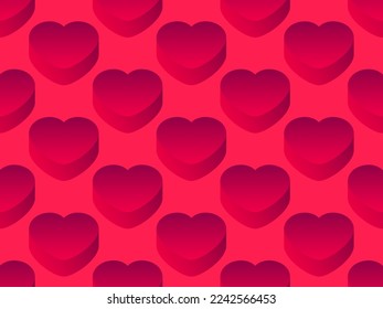 Red 3d heart seamless pattern. Isometric hearts with gradient. Happy Valentine's Day. Festive design for print, posters and wrapping paper. Vector illustration