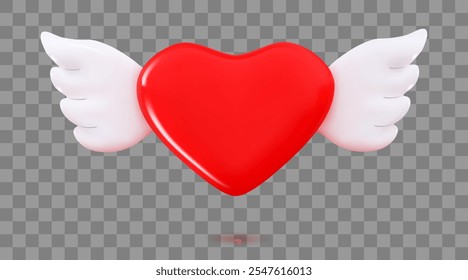 Red 3d heart with wings Happy Valentine's Day 3d design element isolated on transparent background Vector illustration