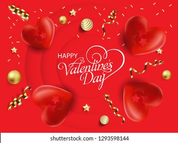 Red 3D Hearth with star, golden confetti  Valentine's Day card