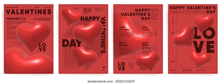 Red 3d hearts. Red Valentine’s Day poster templates with bold 3D hearts, modern typography, and bold y2k elements in minimalist layouts for stylish branding and celebrations.