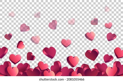 Red 3d hearts floating web buttons isolated on transparent background. Like icons for live stream video chat. Vector illustration