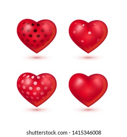Red 3d hearts with polka dot set isolated on white background. Vector illustration for banner, lettering, invitation, poster, web. St. Valentine's day concept.