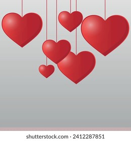 The red 3D hearts are suspended. Vector on a gray background