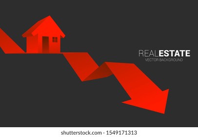 Red 3D home icon on falling down arrow. Concept of decline in real estate business and properties price