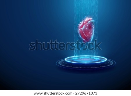 Red 3d human heart on futuristic podium in data stream. Cardiology research, medical data accumulation, healthcare monitoring, ai medicine, diagnostics concept. Low poly digital futuristic. Vector.