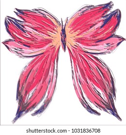red 3D isolated butterfly pattern with frayed strokes on white background, vector illustration