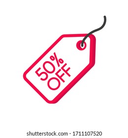 Red 3D label 50% discount on a white background. Vector illustration.