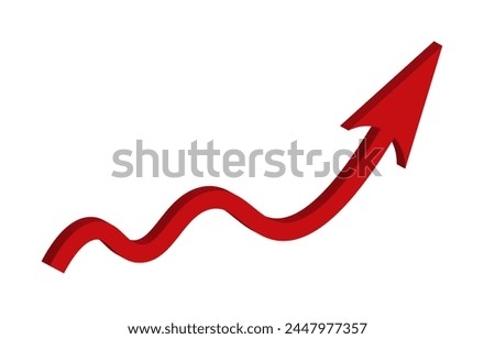 Red 3d large wavy arrow symbol to up. Inflation Bar chart. Decline graph. Rising price. Finance. Economy. Market. Financial planning. Global crisis concept. Recession. Falling income. Profit drop