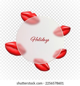 Red 3d lips. Glass morphism vector effect. Glass fashion style. Valentines holiday, mothers day, wedding, birthday.