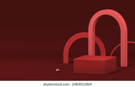 Red 3d luxury showroom geometric podium for product show realistic vector illustration. Fashion showcase squared pedestal platform with arch wall background and golden sphere for promo