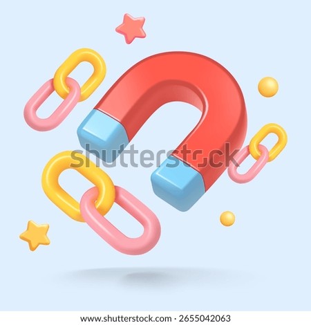 A red 3D magnet pulling colorful chain links, stars and spheres on blue background, symbolizing attraction, networking or influence.3D vector illustration
