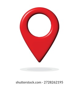 Ícone vermelho do pino do mapa 3D. Símbolo de marcador de localização de plástico brilhante com sombra. Ponteiro de navegação GPS realista para aplicativo de viagem ou design da Web. Sinal de ponto de destino brilhante isolado no fundo branco.