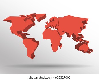 Red 3D map of world with dropped shadow on background. Worldwide theme wallpaper. Rendered three-dimensional EPS10 vector illustration.