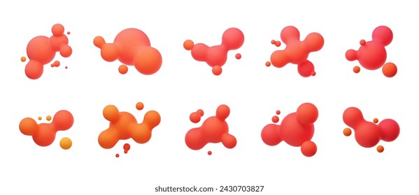 Red 3D morphing balls. Liquid blobs like lava lamp. Fluid 3D metaballs. Colorful vector illustration for cards, posters, advertising, flyers. Isolated on white background