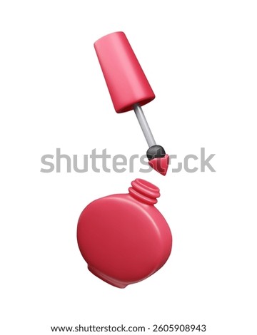 Red 3D nail polish open bottle with brush applicator vector illustration isolated on white. Cute cartoon style red lacquer bottle manicure pedicure accessory cosmetic product. Makeup beauty cosmetics.